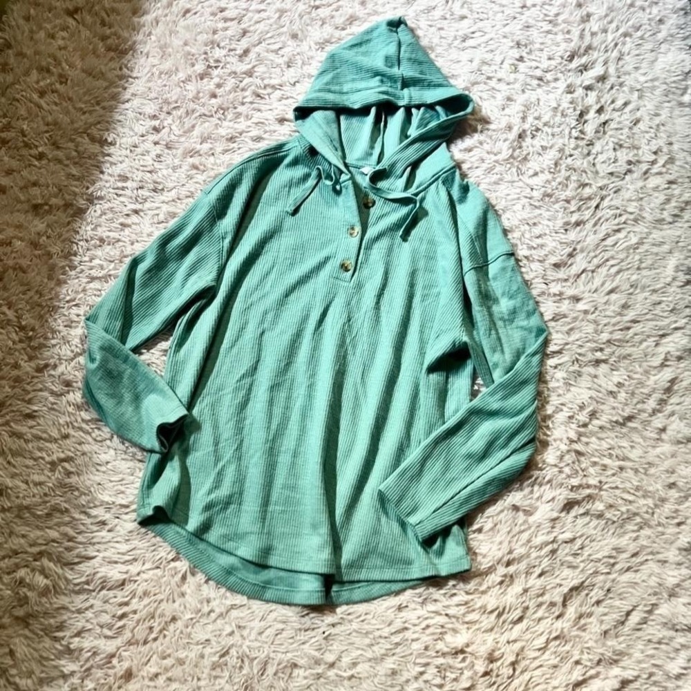 Oversized Cozy Lounge Minimalist Button Henley Hooded Top‎ Womens XL Pastel Soft